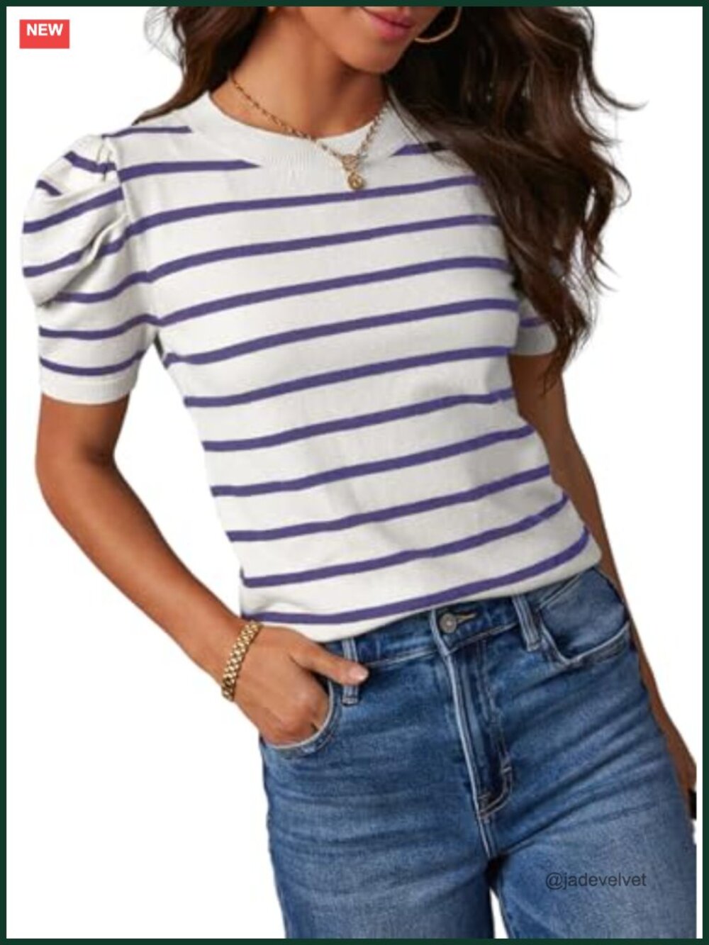 Dokotoo Women's Short Puff Sleeve Striped Sweater Crew Neck Knit Top